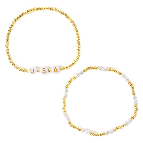 Pulseras de latón, metal, con Perlas plásticas, chapado en color dorado, Joyería & para mujer, más colores para la opción, libre de níquel, plomo & cadmio, longitud:aproximado 17.5 cm, Vendido por UD