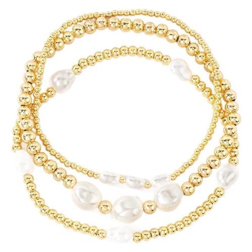 Brass Bracelet & Bangle, with Plastic Pearl, gold color plated, three pieces & fashion jewelry & for woman, nickel, lead & cadmium free, Length:Approx 17.5 cm, Sold By Set