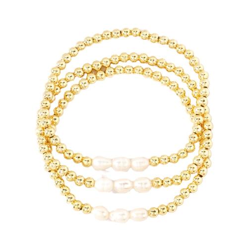 Pulseras de latón, metal, con Perlas plásticas, chapado en color dorado, tres piezas & Joyería & para mujer, libre de níquel, plomo & cadmio, longitud:aproximado 16.5 cm, Vendido por Set