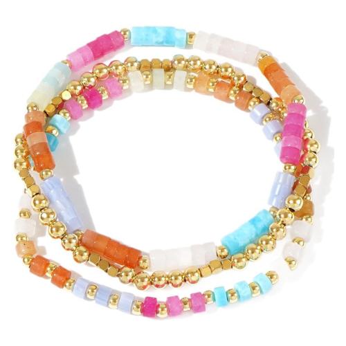 Brass Bracelet & Bangle, with Gemstone, gold color plated, three pieces & fashion jewelry & for woman, multi-colored, nickel, lead & cadmium free, Length:Approx 17.5 cm, Sold By Set