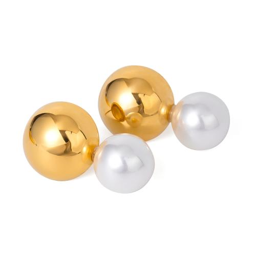 Stainless Steel Stud Earrings, 304 Stainless Steel, with Plastic Pearl, gold color plated, fashion jewelry, golden, Sold By Pair