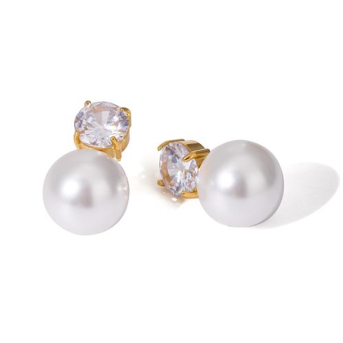 Stainless Steel Stud Earrings, 304 Stainless Steel, with Plastic Pearl, gold color plated, fashion jewelry & micro pave cubic zirconia, golden, Sold By Pair