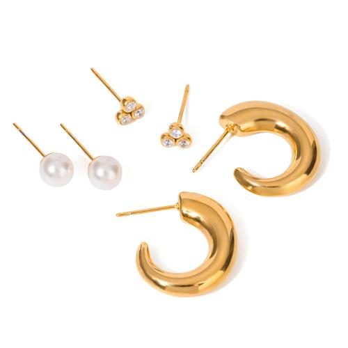 Stainless Steel Stud Earrings, 304 Stainless Steel, with Plastic Pearl, gold color plated, three pieces & fashion jewelry & micro pave cubic zirconia, golden, Sold By Set