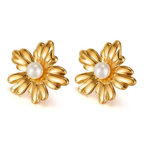 Stainless Steel Stud Earrings, 304 Stainless Steel, with Plastic Pearl, Flower, gold color plated, fashion jewelry & for woman, Sold By Pair