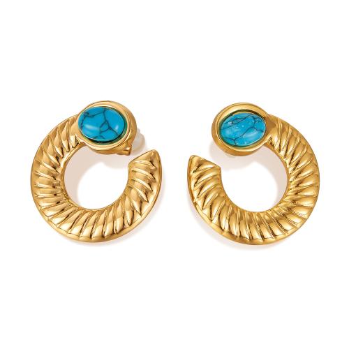 Boucle d'oreille de gaujon en acier inoxydable, Acier inoxydable 304, avec turquoise, Placage, bijoux de mode & pour femme, doré, Vendu par paire