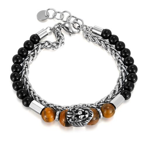 Bijoux bracelet en acier inoxydable, Acier inoxydable 304, avec pierrecaillou & oeil de tigre, avec 30mm chaînes de rallonge, poli, Double couche & bijoux de mode & pour homme, Longueur:200 mm, Vendu par PC