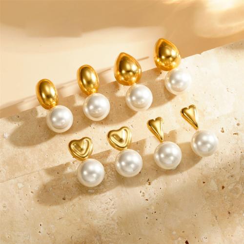 Stainless Steel Stud Earrings, 304 Stainless Steel, with Plastic Pearl, plated, different styles for choice & for woman, gold, Sold By Pair