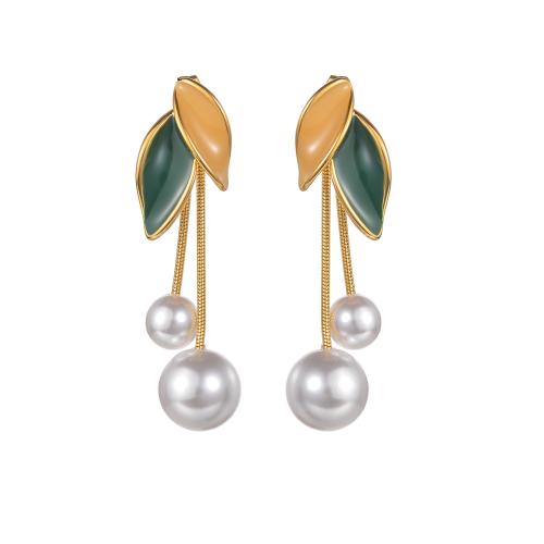 Stainless Steel Stud Earrings, 304 Stainless Steel, with Plastic Pearl, plated, for woman & enamel, gold, Sold By Pair