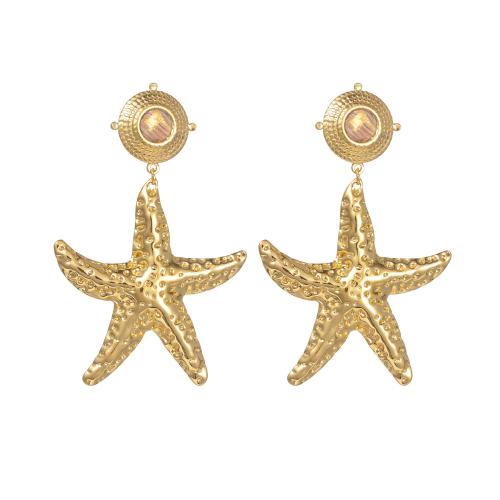 Stainless Steel Stud Earrings, 304 Stainless Steel, with Gemstone, Starfish, plated, for woman, gold, Sold By Pair