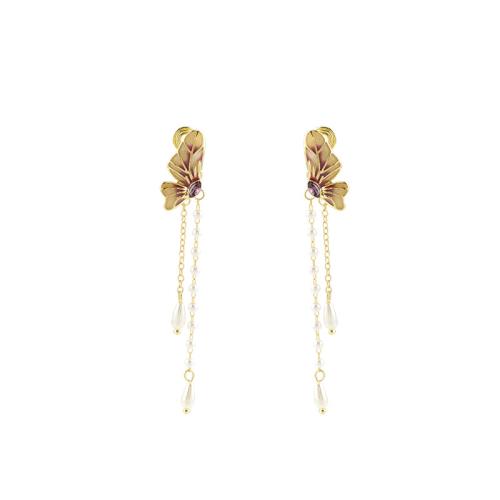 Tibetan Style Stud Earring, with Plastic Pearl, plated, different styles for choice & for woman & enamel, golden, 11x80mm, Sold By Pair