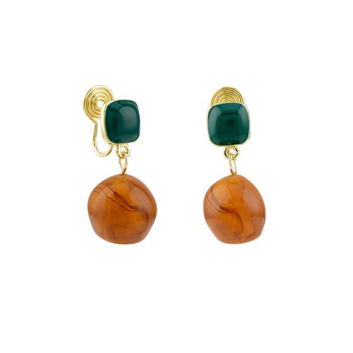 Tibetan Style Stud Earring, with Resin, plated, different styles for choice & for woman & enamel, golden, 15x30mm, Sold By Pair