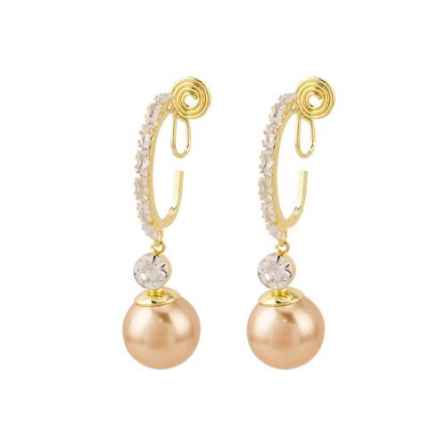 Tibetan Style Stud Earring, with Plastic Pearl, plated, different styles for choice & micro pave cubic zirconia & for woman, golden, 15x48mm, Sold By Pair