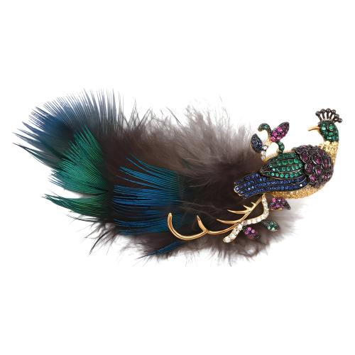 Tibetan Style Brooches, with Feather, plated, for woman & with rhinestone, golden, 83x25x20mm, Sold By PC