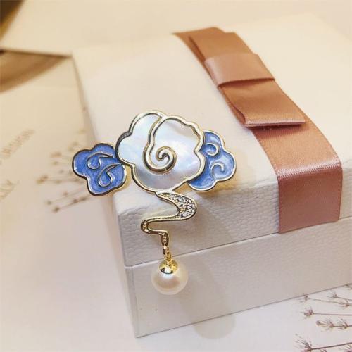 Tibetan Style Brooches, with Pearl Oyster & Plastic Pearl, plated, for woman & enamel & with rhinestone, golden, 42x37mm, Sold By PC