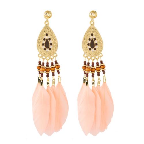 Tibetan Style Drop Earrings, with Seedbead & Feather, plated, different styles for choice & for woman, golden, 40x115mm, Sold By Pair