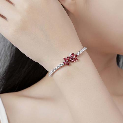 925 Sterling Silver Bracelet, with Ruby Alumina, Daisy, different size for choice & micro pave cubic zirconia & for woman, Sold By PC