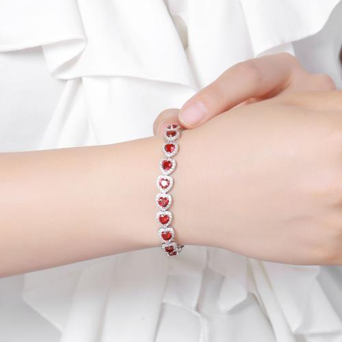 925 Sterling Silver Bracelet, with Glass, Heart, different size for choice & for woman & with rhinestone, Sold By PC