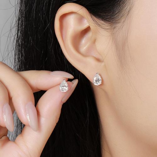 925 Sterling Silver Stud Earring, with Moissanite, Teardrop, fashion jewelry & for woman, more colors for choice, 6x8.70mm, Sold By Pair