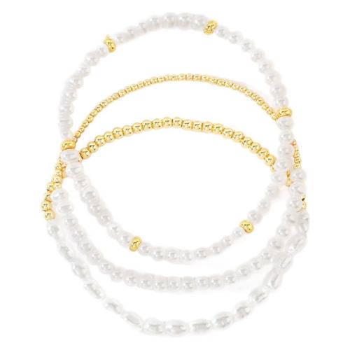 Bracelets en laiton, perle de plastique, avec laiton, Placage de couleur d'or, trois pièces & bijoux de mode & pour femme, Longueur:Environ 17.5 cm, Vendu par fixé