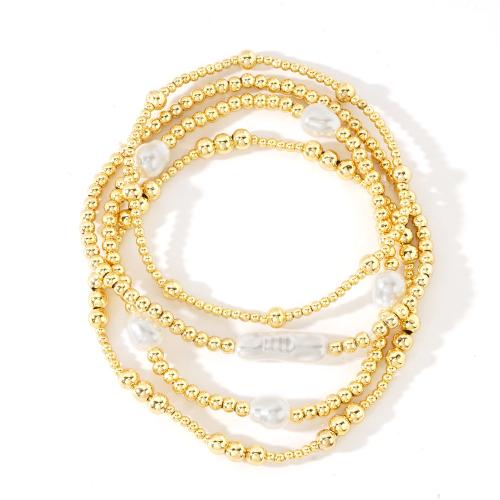 Pulseras de latón, metal, con Perlas plásticas, chapado en color dorado, 4 piezas & Joyería & para mujer, libre de níquel, plomo & cadmio, longitud:aproximado 17.5 cm, Vendido por Set