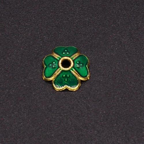 Chapeau de perle en alliage de zinc, fleur, Placage de couleur d'or, DIY & émail, vert, protéger l'environnement, sans nickel, plomb et cadmium, 7.47x2.47mm, Trou:Environ 1.5mm, Environ 100PC/sac, Vendu par sac