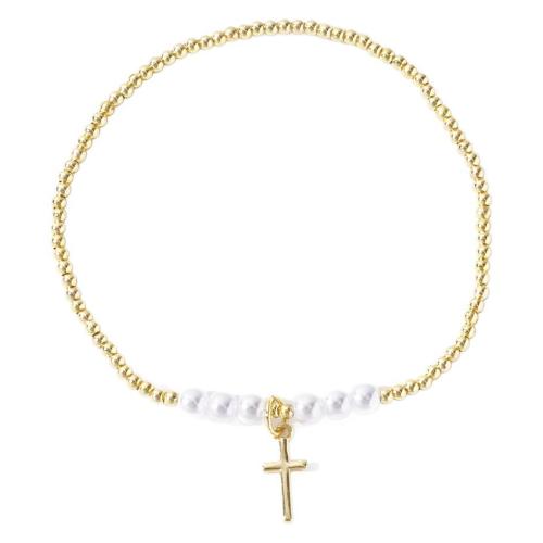 Brass Bracelet & Bangle, with Plastic Pearl, Cross, gold color plated, fashion jewelry & for woman, nickel, lead & cadmium free, 5x10mm, Length:Approx 17.5 cm, Sold By PC