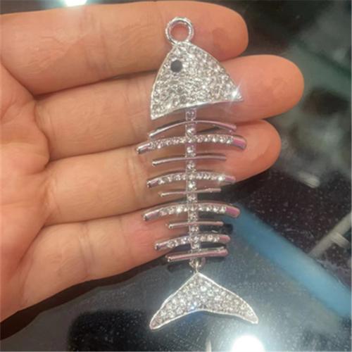 Tibetan Style Rhinestone Pendants, Fish Bone, silver color plated, DIY & with rhinestone, 87x31mm, Sold By PC