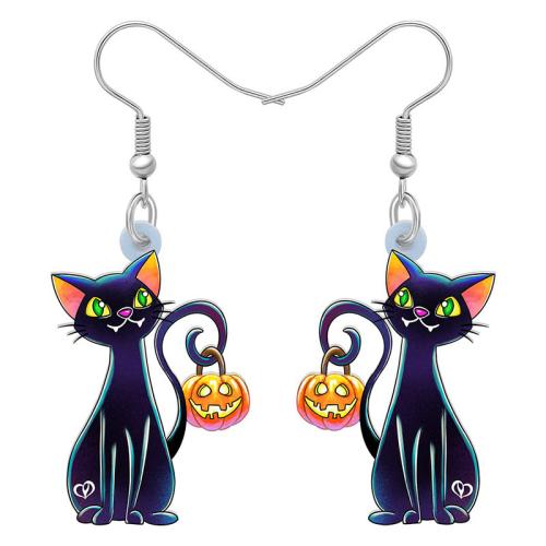 Acrylique Boucle d'oreille goutte, chat, Halloween Design & pour femme, noire, Vendu par paire