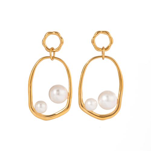 Stainless Steel Drop Earring, 304 Stainless Steel, with ABS Plastic Pearl, gold color plated, fashion jewelry, golden, Sold By Pair