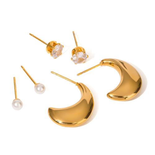 Stainless Steel Stud Earrings, 304 Stainless Steel, with Plastic Pearl, gold color plated, three pieces & fashion jewelry & micro pave cubic zirconia, golden, Sold By Set