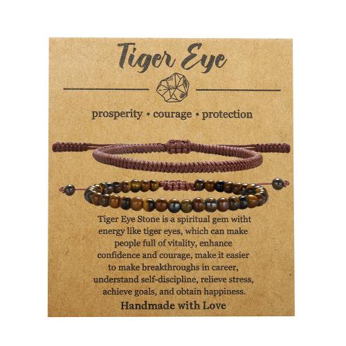 Natural Tiger Eye Bracelets, Knot Cord, with Tiger Eye, handmade, 2 pieces & fashion jewelry & Unisex, Length:6.3-10.2 Inch, Sold By Set