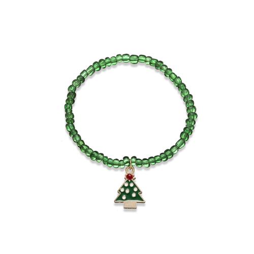 Pulsera de Navidad, aleación de zinc, con Seedbead & Hilo elástico, chapado, Diseño de Navidad & para mujer & esmalte, verde, Vendido por UD