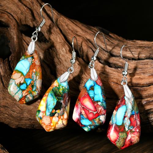 Boucles d'oreilles en pierres précieuses, Jaspe d'impression, avec alliage de zinc, Placage, bijoux de mode & pour femme, plus de couleurs à choisir, Vendu par paire