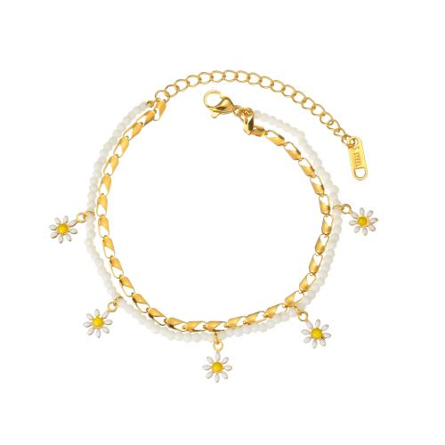 Stainless Steel Jewelry Bracelet, 304 Stainless Steel, with Seedbead, Daisy, plated, for woman & enamel, gold, Sold By PC