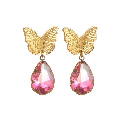 Stainless Steel Stud Earrings, 304 Stainless Steel, Butterfly, plated, different styles for choice & micro pave cubic zirconia & for woman & enamel, gold, Sold By Pair