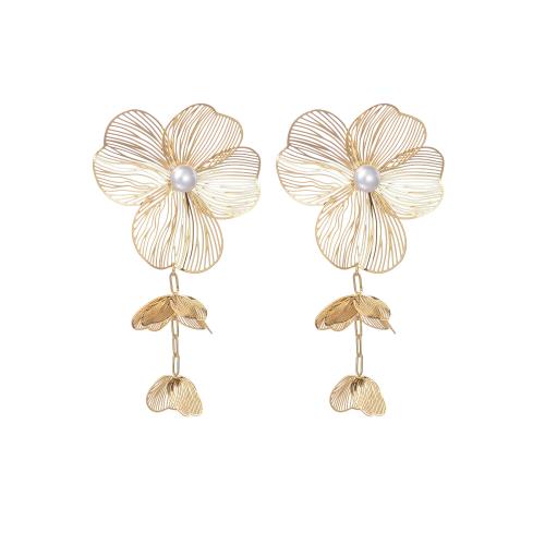 Stainless Steel Stud Earrings, 304 Stainless Steel, with Plastic Pearl, petals, plated, for woman, gold, Sold By Pair