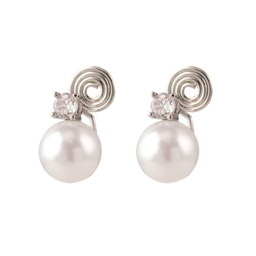 Tibetan Style Stud Earring, with Plastic Pearl, plated, different styles for choice & micro pave cubic zirconia & for woman, silver color, 10x14mm, Sold By Pair