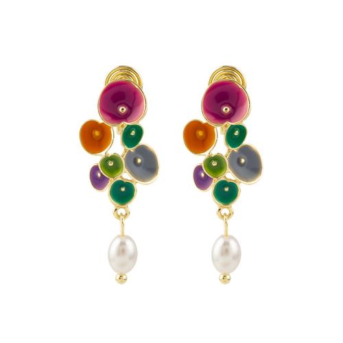 Tibetan Style Stud Earring, with Plastic Pearl, plated, different styles for choice & for woman & enamel, golden, Sold By Pair