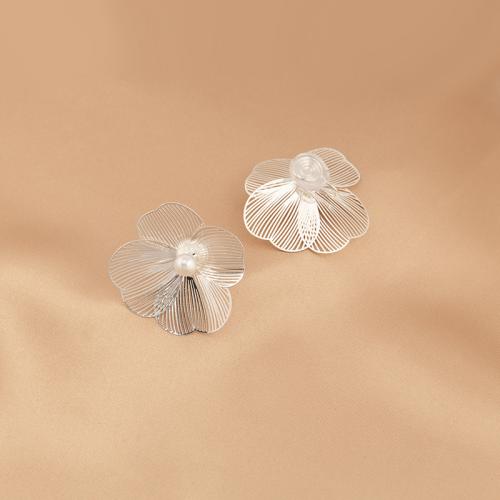 Brass Stud Earring, with Plastic Pearl, plated, different styles for choice & for woman, silver color, 35mm, Sold By Pair