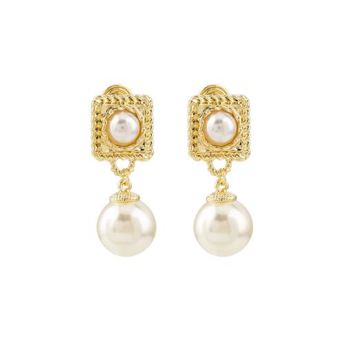 Tibetan Style Stud Earring, with Plastic Pearl, plated, different styles for choice & for woman, golden, 12x35mm, Sold By Pair