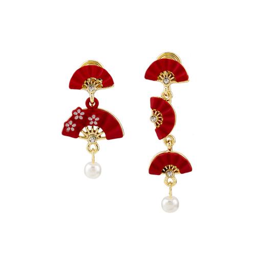 Tibetan Style Stud Earring, with Plastic Pearl, stoving varnish, different styles for choice & for woman, golden, 10x41mm, Sold By Pair