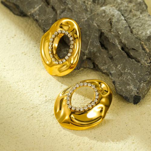 Stainless Steel Stud Earrings, 304 Stainless Steel, 18K gold plated, fashion jewelry & micro pave cubic zirconia & for woman, golden, 26.70x34mm, Sold By Pair