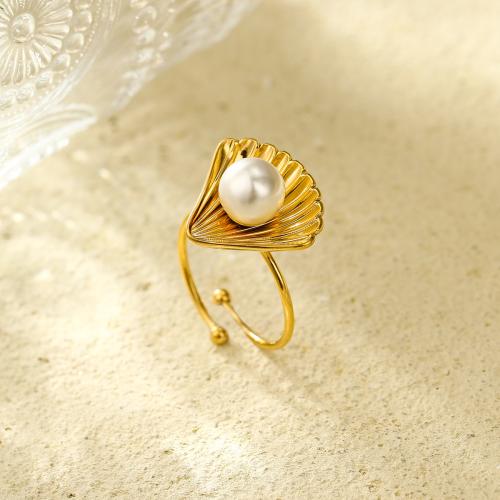 Stainless Steel Finger Ring, 304 Stainless Steel, with Plastic Pearl, Shell, 18K gold plated, fashion jewelry & for woman, golden, Sold By PC