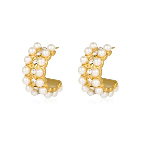 Stainless Steel Stud Earrings, 304 Stainless Steel, with Plastic Pearl, fashion jewelry & micro pave cubic zirconia & for woman, golden, 26x11.60mm, Sold By Pair