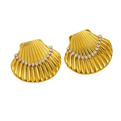 Boucle d'oreille de gaujon en acier inoxydable, Acier inoxydable 304, coquille, bijoux de mode & pavé de micro zircon & pour femme, doré, 33x29.30mm, Vendu par paire