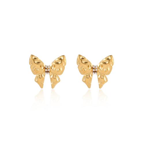 Stainless Steel Stud Earrings, 304 Stainless Steel, Butterfly, fashion jewelry & micro pave cubic zirconia & for woman, golden, 31.30x28.50mm, Sold By Pair