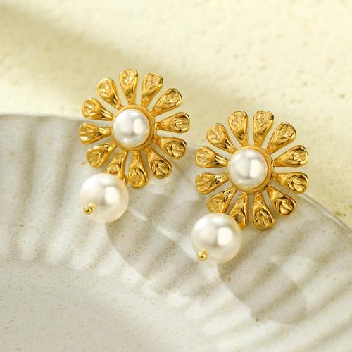 Stainless Steel Stud Earrings, 304 Stainless Steel, with Plastic Pearl, fashion jewelry & for woman, golden, 23mm, Sold By Pair