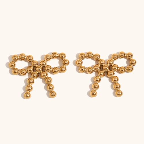 Boucle d'oreille de gaujon en acier inoxydable, Acier inoxydable 304, Noeud papillon, Plaqué or 18K, bijoux de mode & pour femme, doré, 24.90x19.30mm, Vendu par paire