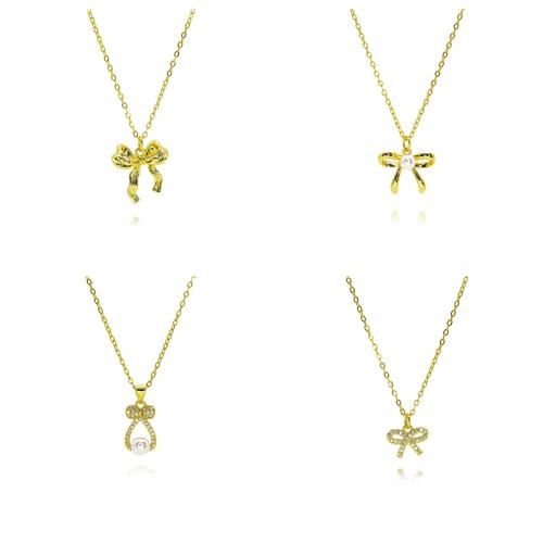 Collier en laiton cubique Zircon Micro Pave, avec perle de plastique, Noeud papillon, Placage de couleur d'or, bijoux de mode & normes différentes pour le choix & pavé de micro zircon & pour femme, plus de couleurs à choisir, protéger l'environnement, sans nickel, plomb et cadmium, Longueur:Environ 45 cm, Vendu par PC