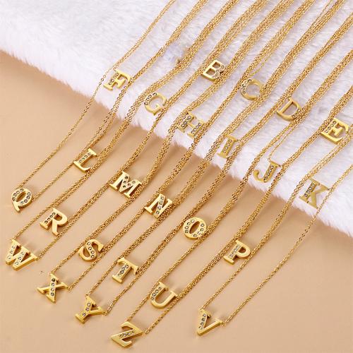 Stainless Steel Jewelry Necklace, 304 Stainless Steel, Alphabet Letter, gold color plated, fashion jewelry & with rhinestone, golden, Length:410 mm, Sold By PC